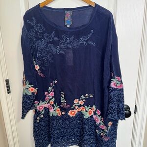 Johnny Was Navy Floral Embroidered Blouse